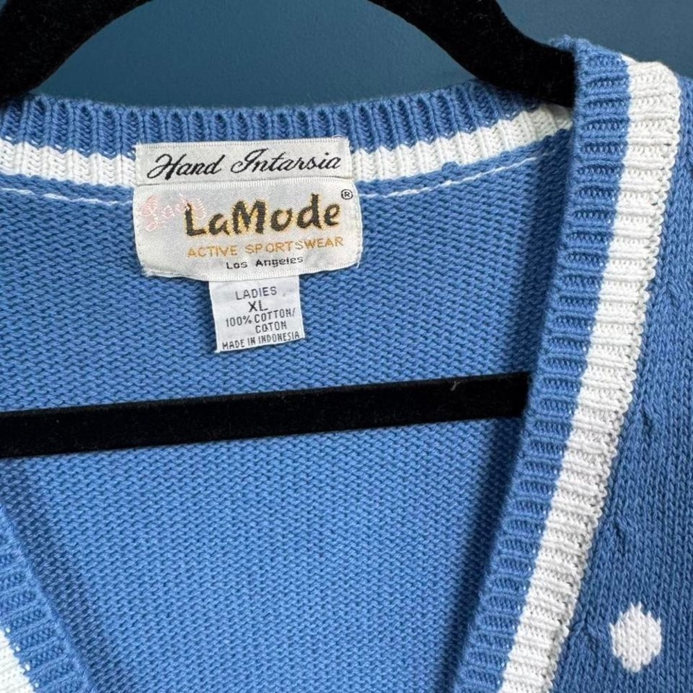 Vintage 1980s Sweater Vest Women's Size XL Blue White Polkadot Lady Lamode Prep - Picture 3 of 8